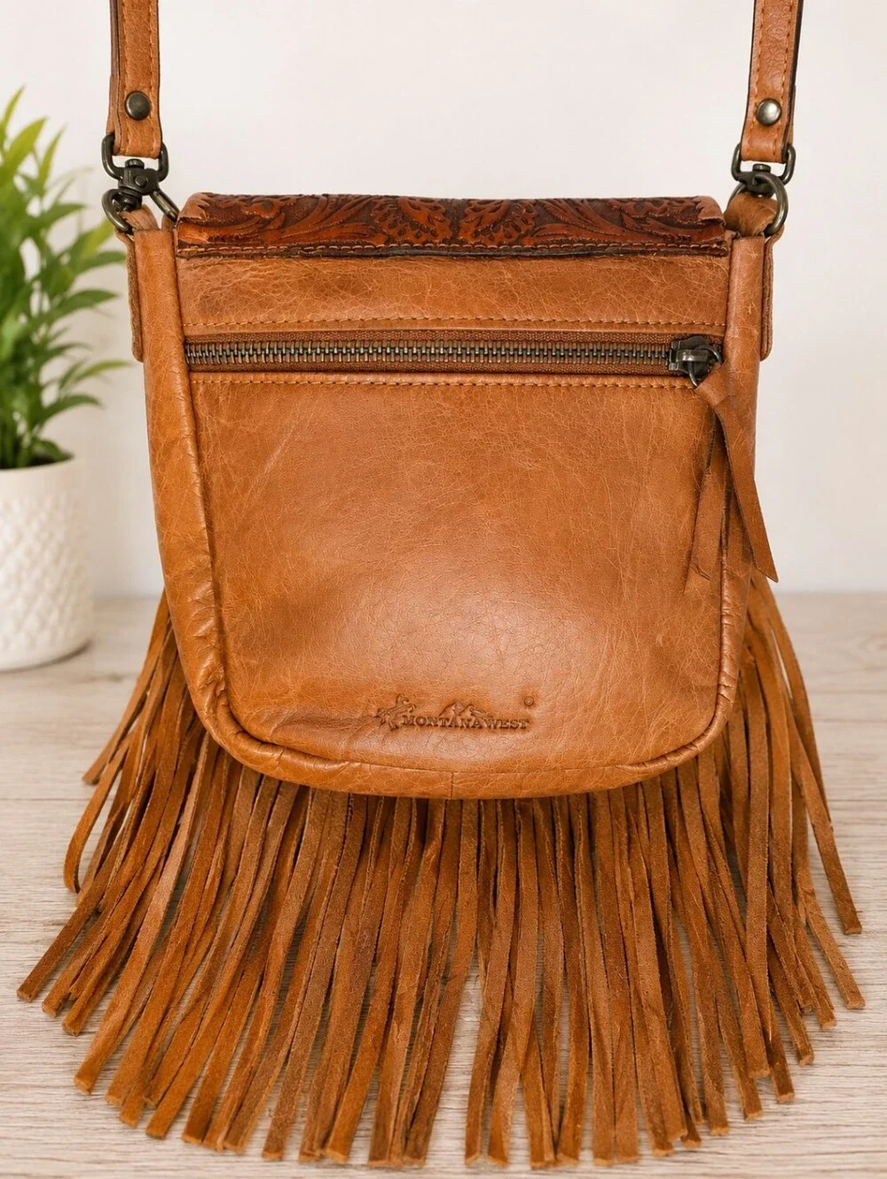 Montana West Tooled Leather Fringe Crossbody Bag Boho Western Tan